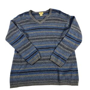 Limited America Mens L‎ Striped V Neck Lambswool Blend Sweater Blue Gray